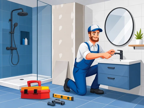 Photographie réelle d'une salle de bains en cours de rénovation/chantier montrant le travail professionnel en phase de finition. La scène présente un espace résidentiel avec murs carrelés partiellement achevés, plomberie sanitaire visible (robinetterie, tuyauteries, mitigeurs en installation), vasque encastrée ou à poser en cours de mise en place sur meuble suspendu, miroir mural à installer, équipements modernes (colonne de douche, robinetterie de qualité). L'environnement doit montrer les matériaux professionnels, les finitions en cours, sans personne visible, bien éclairé pour montrer la qualité du travail artisanal de rénovation complète de salle de bains.